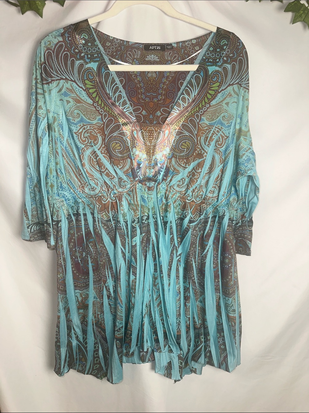 Apt. 9 Turquoise & Brown Paisley Fringe V-Neck Tunic